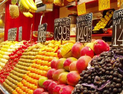 Stand at a market in Barcelona with fruit