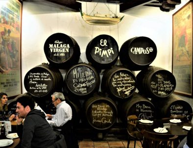 Oak barrels in a wine bar in Malaga
