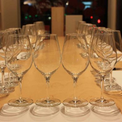 Glasses of wine prepared for a wine tasting session